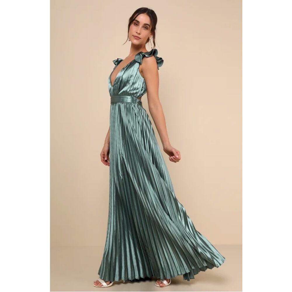 Exceptional Drama Sage Green Satin Lace-Up Pleated Maxi Dress Small NWOT - Picture 10 of 13